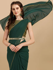 Bottle Green Woven Design Georgette Saree & Embellished Belt - Inddus.com