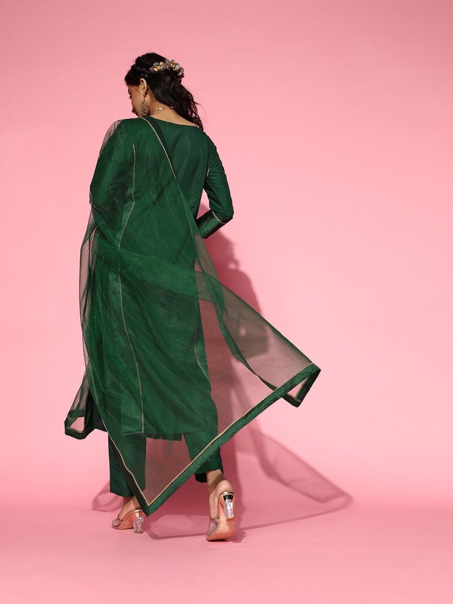 Bottle Green Woven Kurta with Pants and Dupatta - Inddus.com