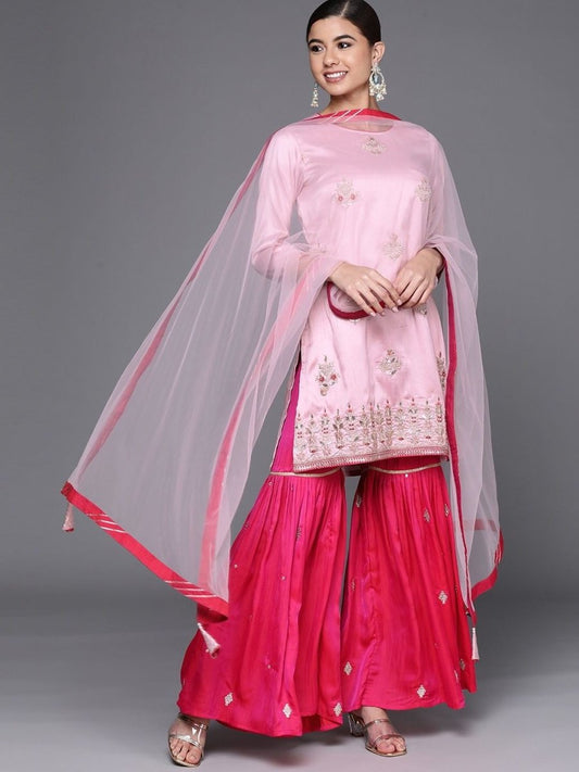 breathtaking-pink-silk-blend-embroidered-kurta-set - Inddus.com