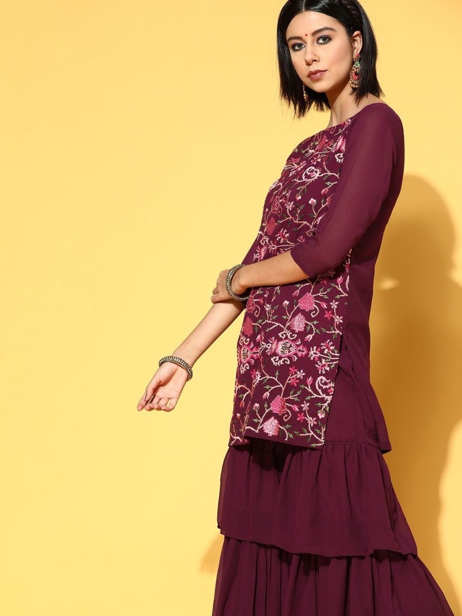 breathtaking purple poly georgette embroidered kurta set