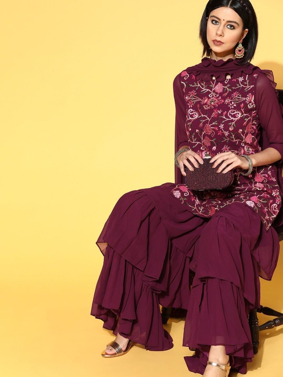 breathtaking purple poly georgette embroidered kurta set