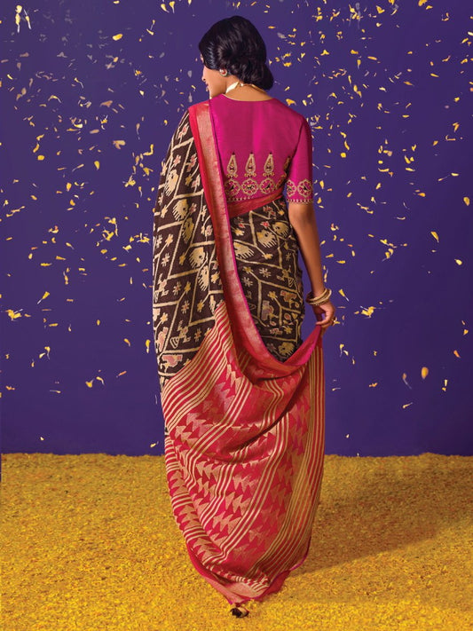 Brown Brasso Embroidered Saree - Inddus.com