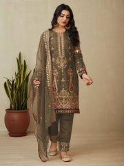 Brown Embroidered Festive-Wear Straight-Cut-Suit - Inddus.com