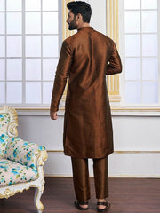 Brown Ethnic Motifs Woven Design Mandarin Collar Regular Kurta With Pyjamas - Inddus.com