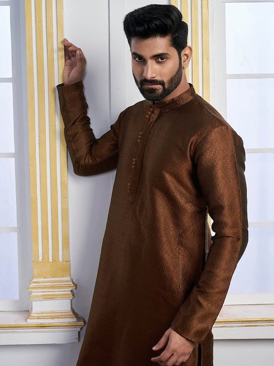 Brown Ethnic Motifs Woven Design Mandarin Collar Regular Kurta With Pyjamas - Inddus.com