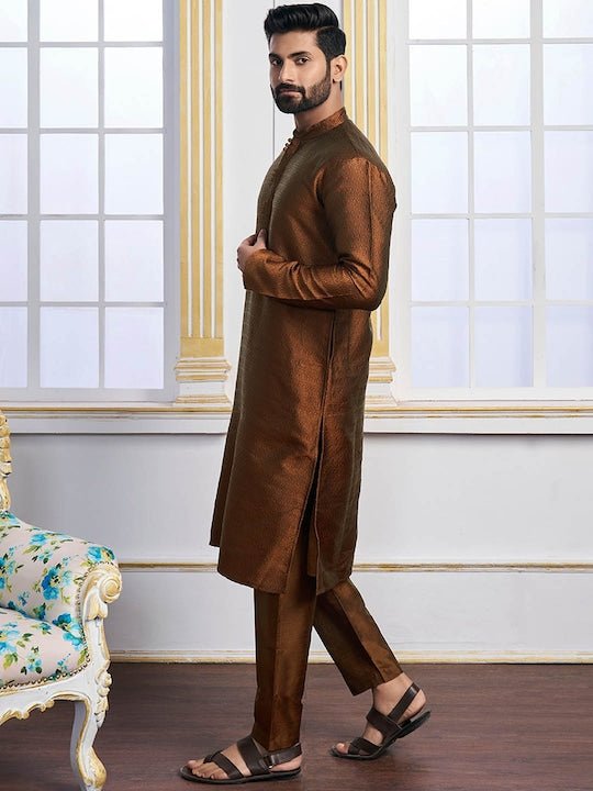 Brown Ethnic Motifs Woven Design Mandarin Collar Regular Kurta With Pyjamas - Inddus.com