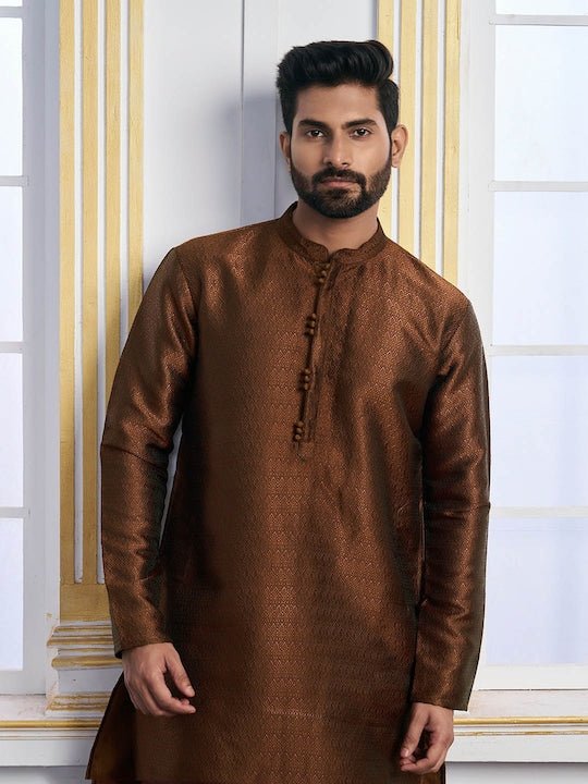 Brown Ethnic Motifs Woven Design Mandarin Collar Regular Kurta With Pyjamas - Inddus.com