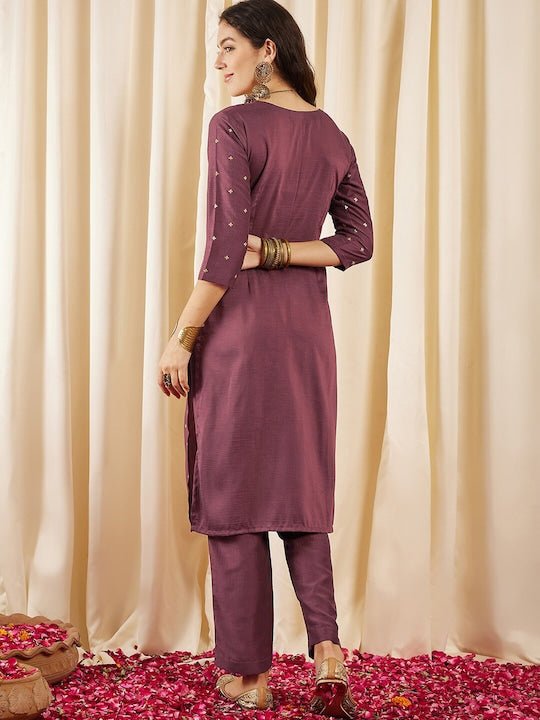 Brown Floral Embroidered Regular Kurta with Trousers - Inddus.com