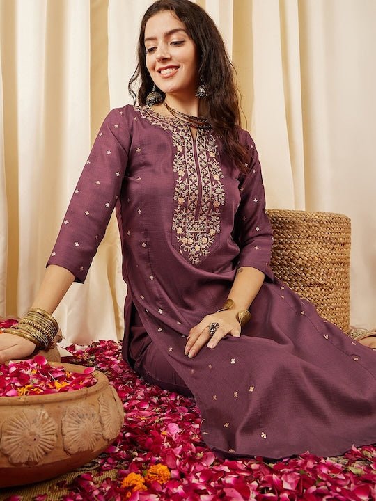 Brown Floral Embroidered Regular Kurta with Trousers - Inddus.com