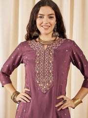 Brown Floral Embroidered Regular Kurta with Trousers - Inddus.com