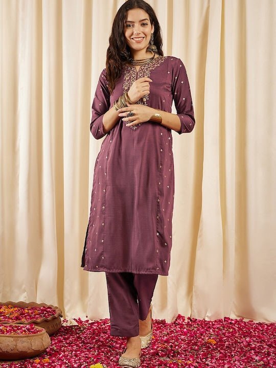 Brown Floral Embroidered Regular Kurta with Trousers - Inddus.com