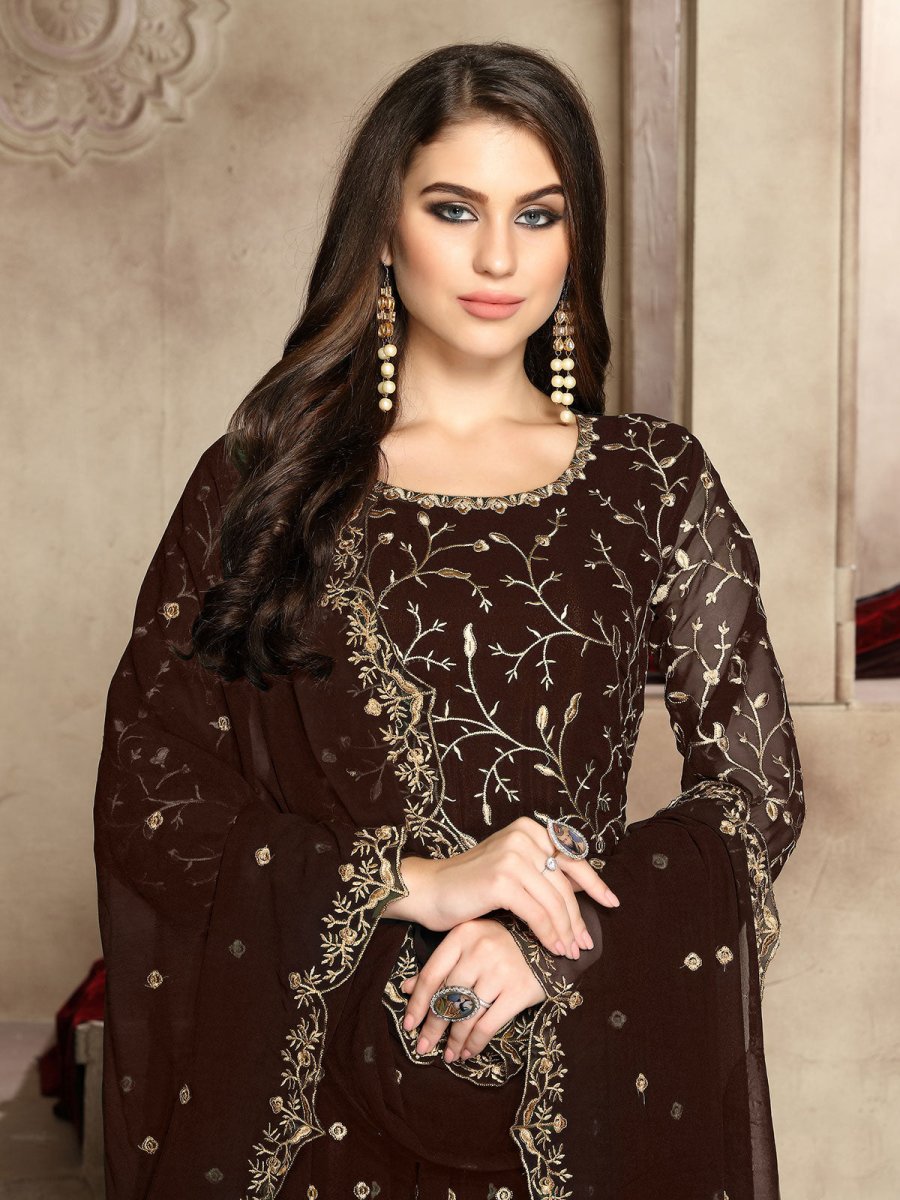 Brown Georgette Partywear Anarkali Suit - Inddus.com