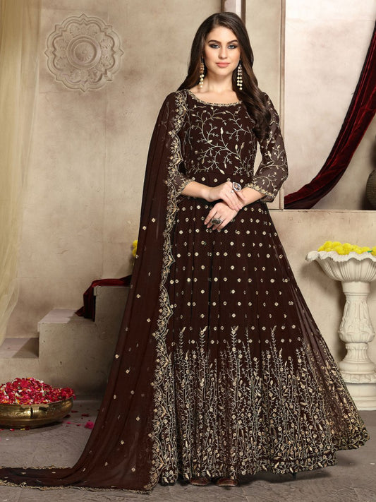 Brown Georgette Partywear Anarkali Suit - Inddus.com