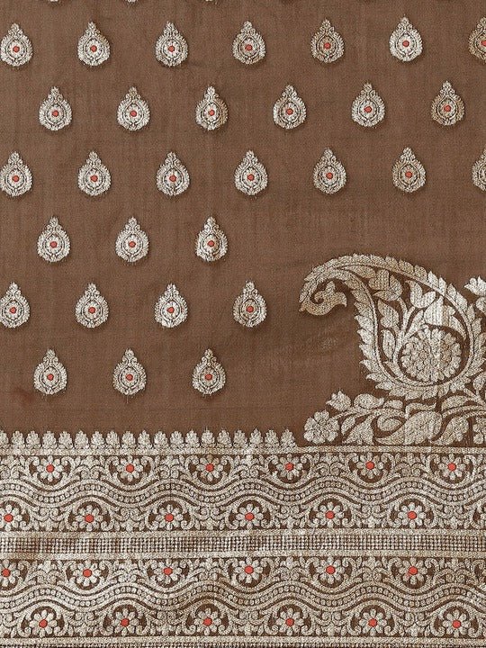 Brown & Golden Woven Design Silk Blend Banarasi Saree - Inddus.com