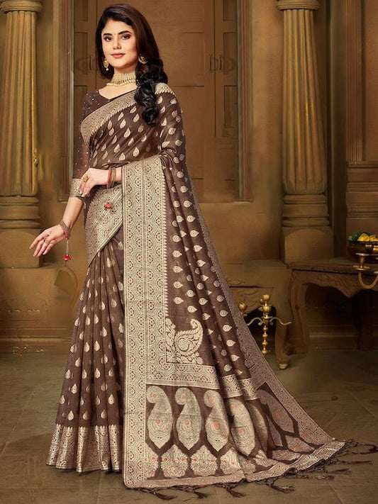 Brown & Golden Woven Design Silk Blend Banarasi Saree