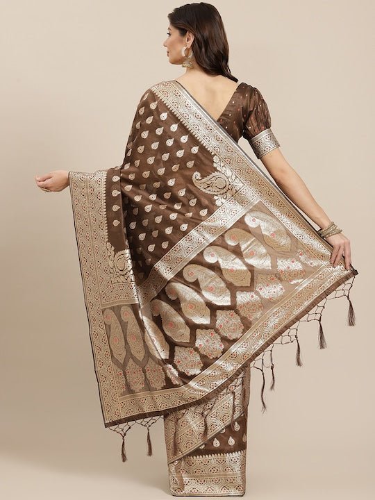 Brown & Golden Woven Design Silk Blend Banarasi Saree - Inddus.com