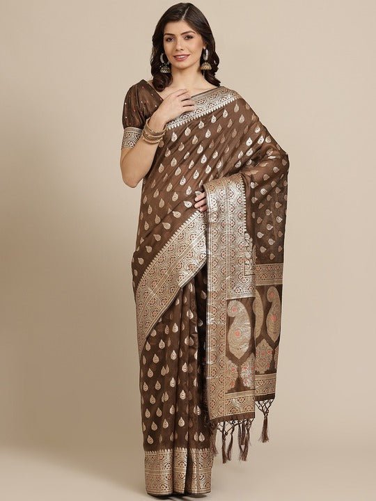 Brown & Golden Woven Design Silk Blend Banarasi Saree - Inddus.com