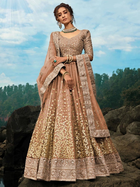 Brown Net Partywear Lehenga Choli with Dupatta - inddus-us