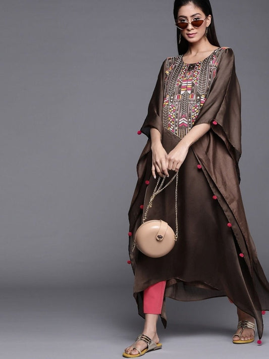 Brown Satin Georgette Thread Work Kurta - inddus-us