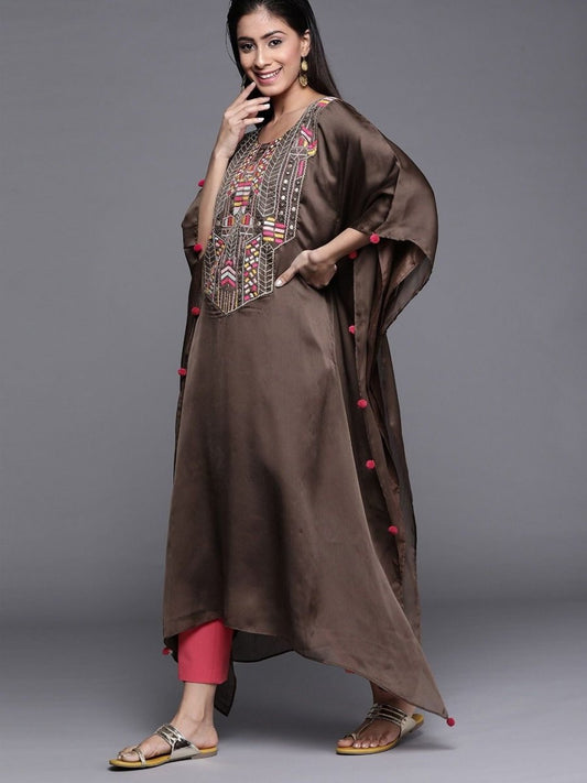 Brown Satin Georgette Thread Work Kurta - inddus-us