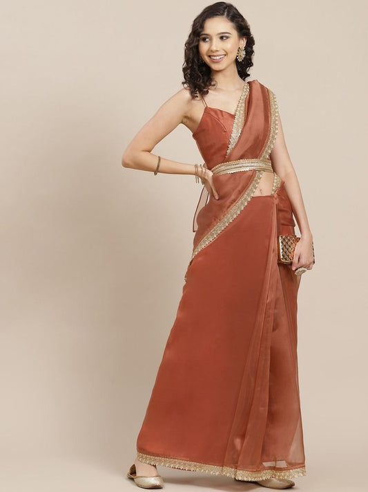 Brown Solid Organza Saree - inddus-us