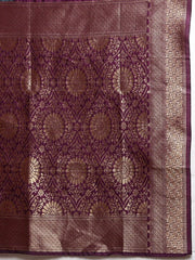 Burgundy Checked Silk Blend Saree - Inddus.com