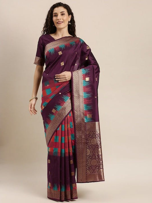 Burgundy Checked Silk Blend Saree