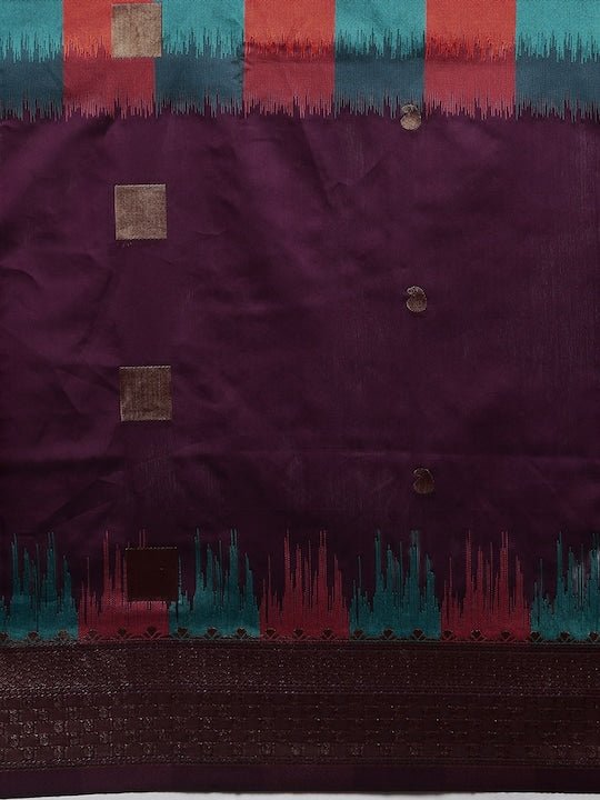 Burgundy Checked Silk Blend Saree - Inddus.com