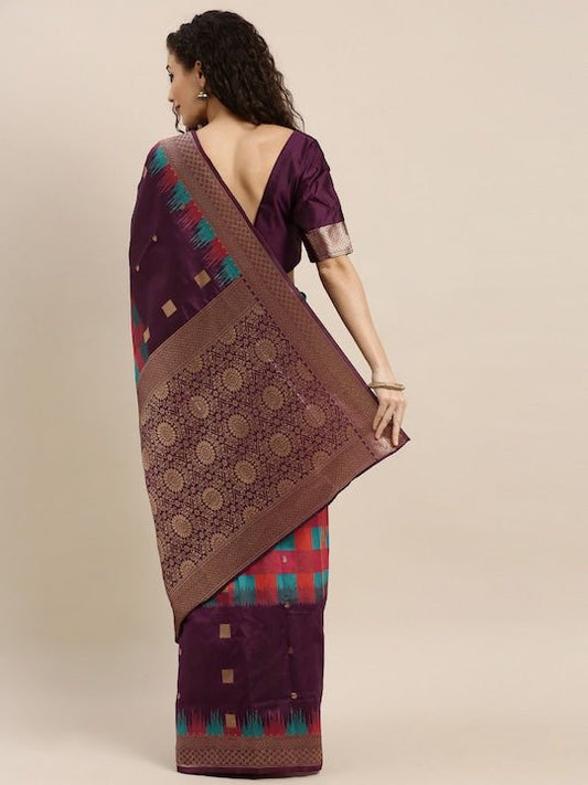 Burgundy Checked Silk Blend Saree - Inddus.com