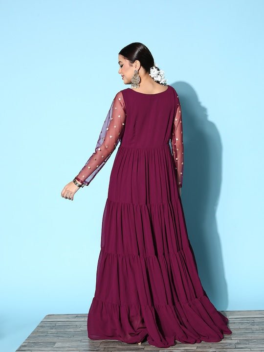 Burgundy Embroidered Detail Georgette Maxi Dress - Inddus.com