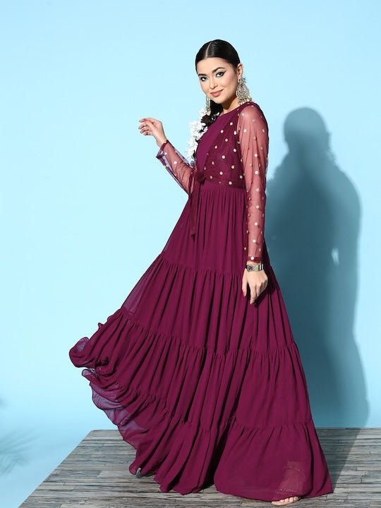 Burgundy Embroidered Detail Georgette Maxi Dress - Inddus.com