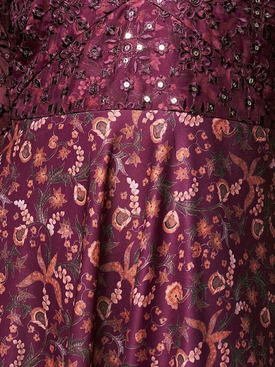 Burgundy Ethnic Motifs Printed Sequined A-Line Kurta With Trousers & Dupatta - Inddus.com