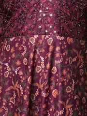 Burgundy Ethnic Motifs Printed Sequined A-Line Kurta With Trousers & Dupatta - Inddus.com