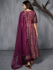 Burgundy Ethnic Motifs Printed Sequined A-Line Kurta With Trousers & Dupatta - Inddus.com