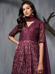 Burgundy Ethnic Motifs Printed Sequined A-Line Kurta With Trousers & Dupatta - Inddus.com