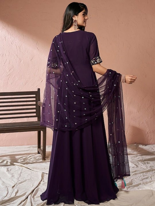 Burgundy Floral Embroidered Sequinned Fit and Flare Ethnic Dress With Dupatta - Inddus.com