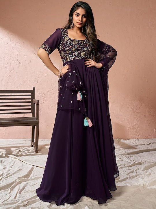 Burgundy Floral Embroidered Sequinned Fit and Flare Ethnic Dress With Dupatta - Inddus.com