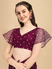 Burgundy & Golden Embellished Sequinned Net Fusion Saree - Inddus.com