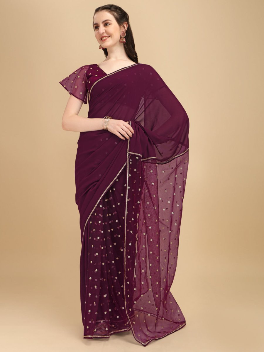 Burgundy & Golden Embellished Sequinned Net Fusion Saree - Inddus.com