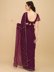 Burgundy & Golden Embellished Sequinned Net Fusion Saree - Inddus.com