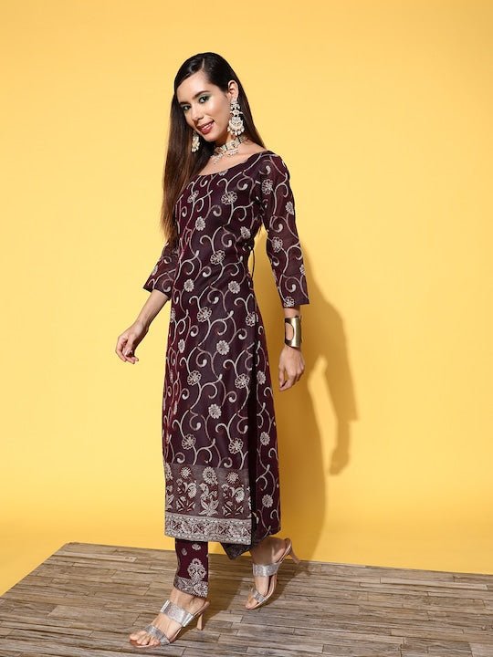 Burgundy Pure Cotton Unstitched Dress Material - Inddus.com