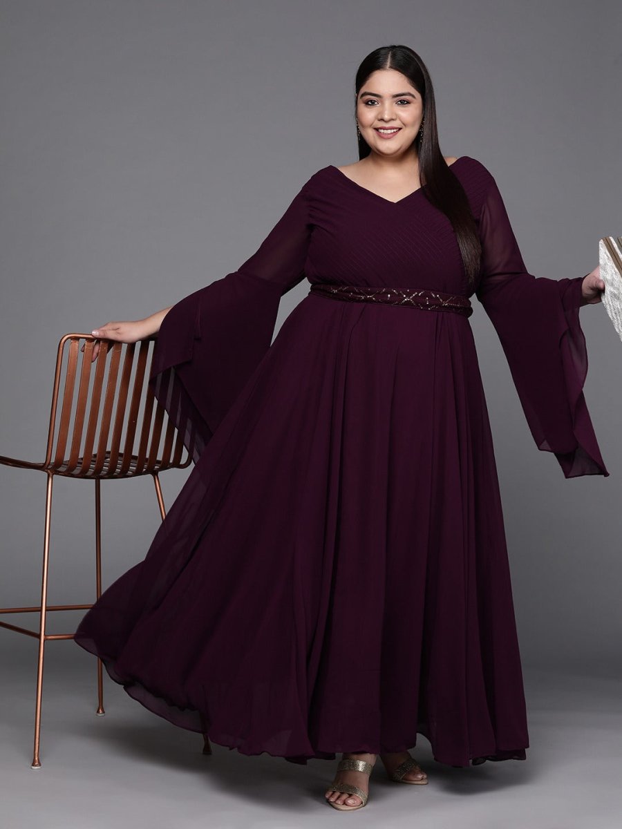 Burgundy Solid Georgette Ethnic Maxi Gown - Inddus.com