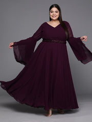 Burgundy Solid Georgette Ethnic Maxi Gown - Inddus.com