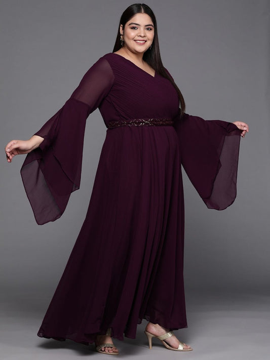 Burgundy Solid Georgette Ethnic Maxi Gown - Inddus.com