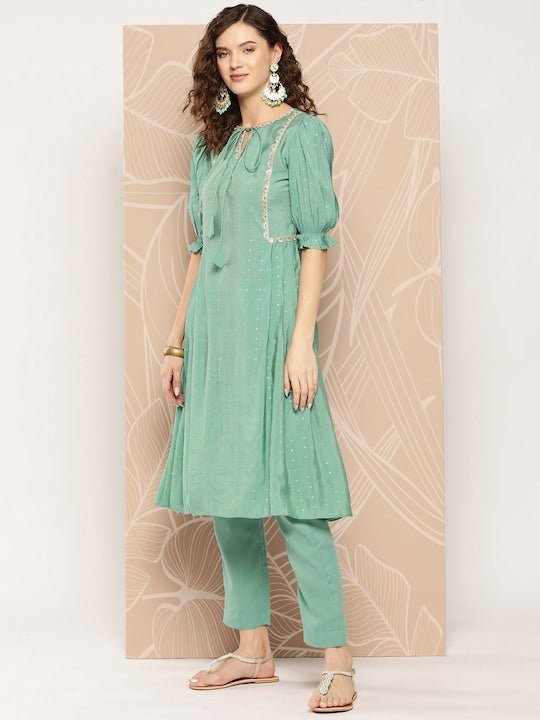 Chanderi Cotton Kurta With Trousers - Inddus.com