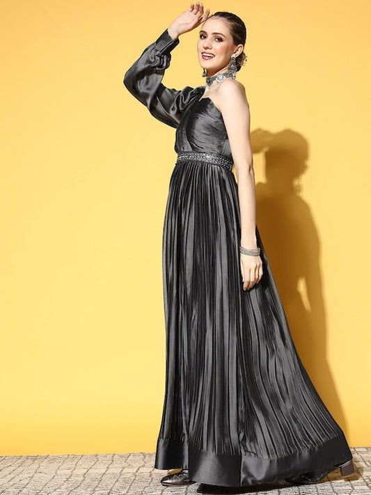 Charcoal Grey Pleated One Shoulder Gown with Belt - Inddus.com