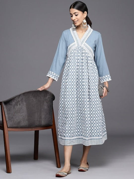 Chikankari Embroidered A-Line Midi Dress - Inddus.com