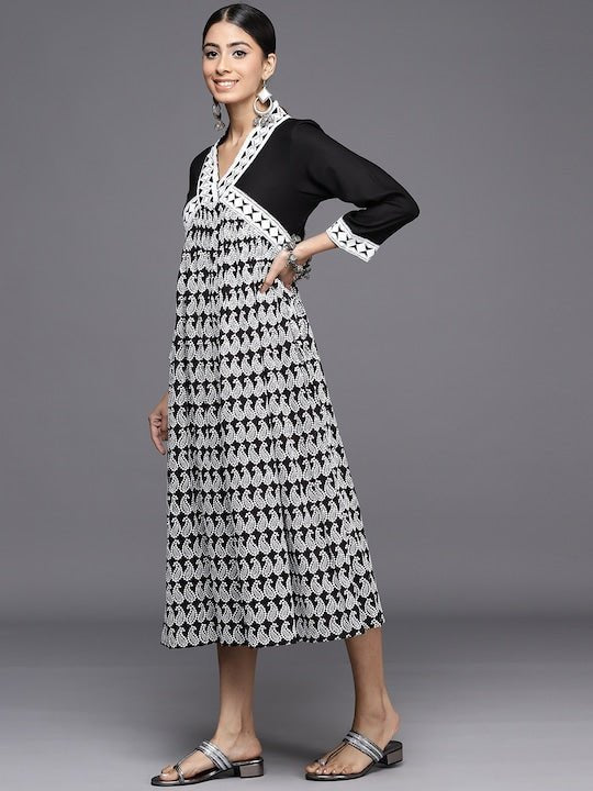 Chikankari Embroidered A-Line Midi Dress - Inddus.com