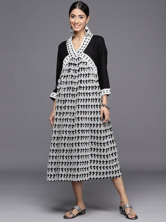 Chikankari Embroidered A-Line Midi Dress - Inddus.com