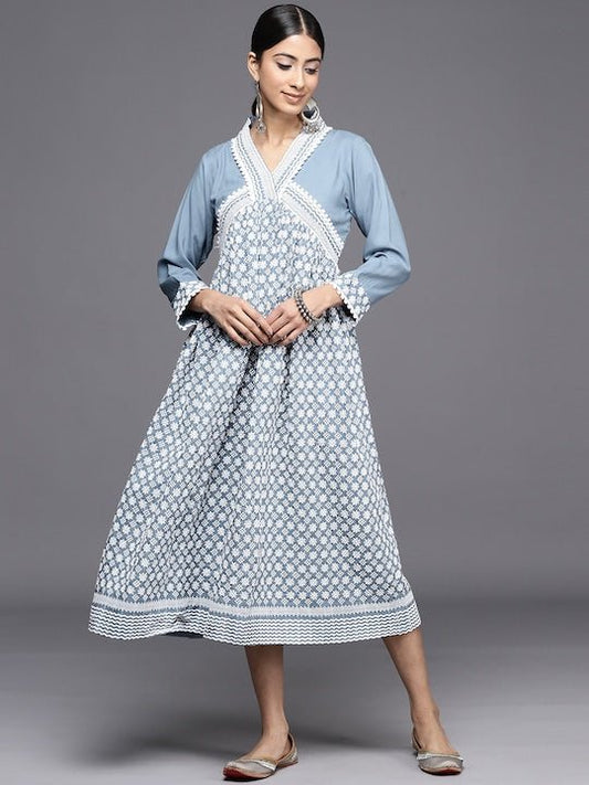 Chikankari Embroidered A-Line Midi Dress - Inddus.com